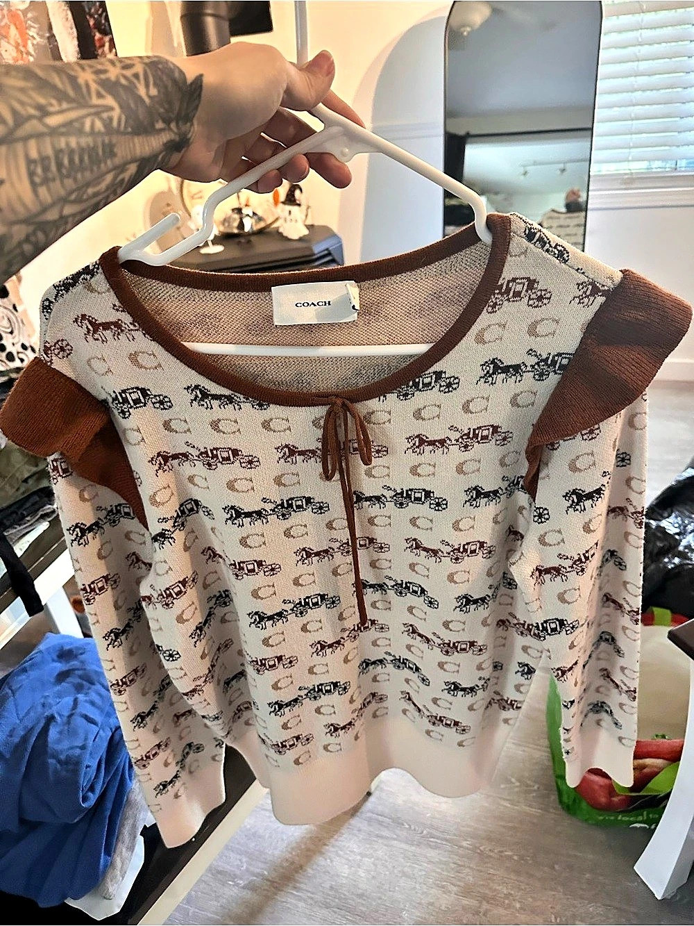 Coach Horse and Carriage Ruffle Tie Neck Sweater White & Brown Med